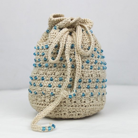 CnBMine Handbags - Blue Glass Beaded Cream Crochet Drawstring Pouch